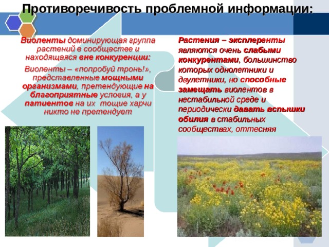 Противоречивость проблемной информации: Растения – эксплеренты являются очень слабыми конкурентами , большинство которых однолетники и двулетники, но способные замещать виолентов в нестабильной среде и  периодически давать вспышки обилия в стабильных сообществах, оттесняя патиентов  
