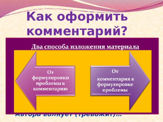 Как оформить комментарий?  Автор раскрывает проблему на примере…  В центре внимания автора…  Автор говорит о том, что…  Автор обращает внимание на …  Автор доказывает (убеждает, осуждает, иронизирует, одобряет, поддерживает, негодует, восхищается, удивляется)…  Автора волнует (тревожит)… 
