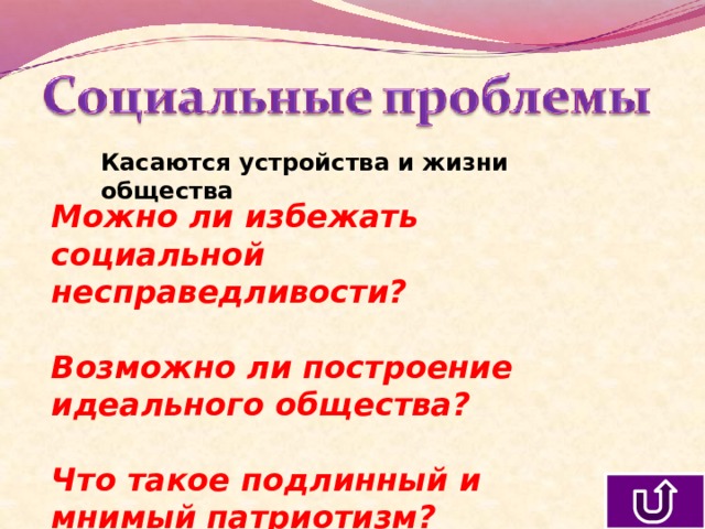 Касаются устройства и жизни общества Можно ли избежать социальной несправедливости?  Возможно ли построение идеального общества?  Что такое подлинный и мнимый патриотизм? 