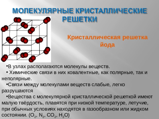 Кристаллическая решетка йода В узлах располагаются молекулы веществ.  Химические связи в них ковалентные, как полярные, так и неполярные. Связи между молекулами веществ слабые, легко разрушаются Вещества с молекулярной кристаллической решеткой имеют малую твёрдость, плавятся при низкой температуре, летучие, при обычных условиях находятся в газообразном или жидком состоянии. (О 2 , N 2 , СО 2 , Н 2 О) 