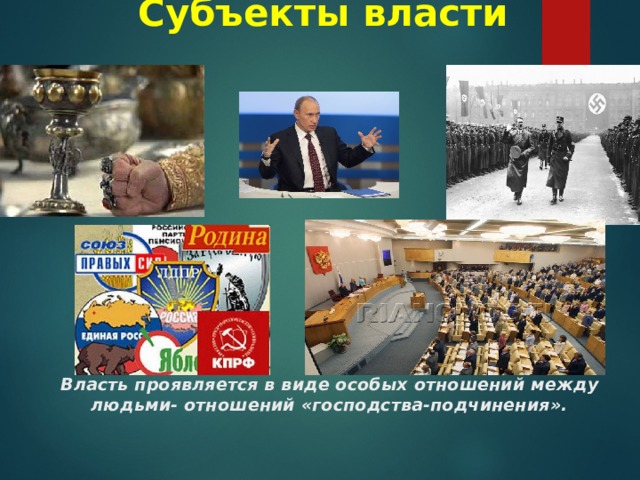 Субъекты власти  Власть проявляется в виде особых отношений между людьми- отношений «господства-подчинения». 