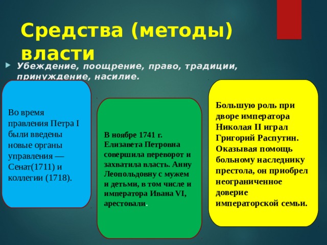 Средства (методы) власти Убеждение, поощрение, право, традиции, принуждение, насилие.  Большую роль при дворе императора Николая II играл Григорий Распутин. Оказывая помощь больному наследнику престола, он приобрел неограниченное доверие императорской семьи. Во время правления Петра I были введены новые органы управления — Сенат(1711) и коллегии (1718). В ноябре 1741 г. Елизавета Петровна совершила переворот и захватила власть. Анну Леопольдовну с мужем и детьми, в том числе и императора Ивана VI, арестовали . 