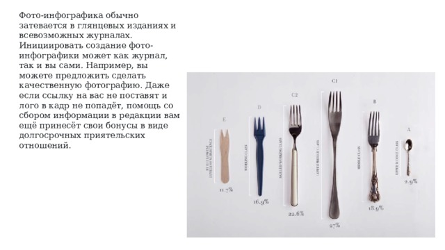 Фото-инфографика обычно затевается в глянцевых изданиях и всевозможных журналах. Инициировать создание фото-инфографики может как журнал, так и вы сами. Например, вы можете предложить сделать качественную фотографию. Даже если ссылку на вас не поставят и лого в кадр не попадёт, помощь со сбором информации в редакции вам ещё принесёт свои бонусы в виде долгосрочных приятельских отношений. 