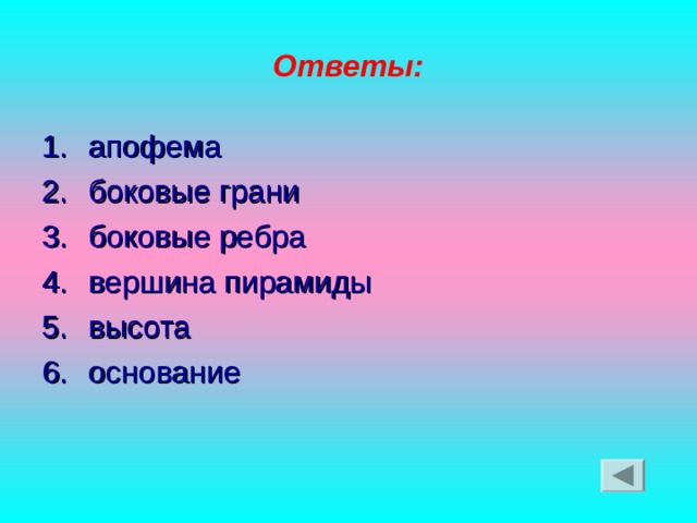 Ответы: апофема боковые грани боковые ребра вершина пирамиды высота основание 