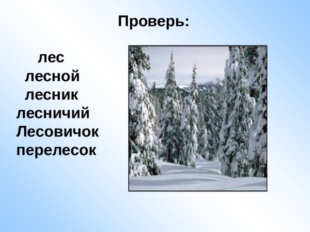 Проверь:  лес  лесной  лесник лесничий Лесовичок перелесок 