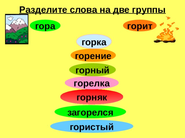 Разделите слова на две группы гора горит горка горение горный горелка горняк загорелся гористый 