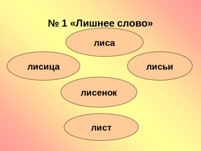 № 1 «Лишнее слово» лиса лисица лисьи лисенок лист 