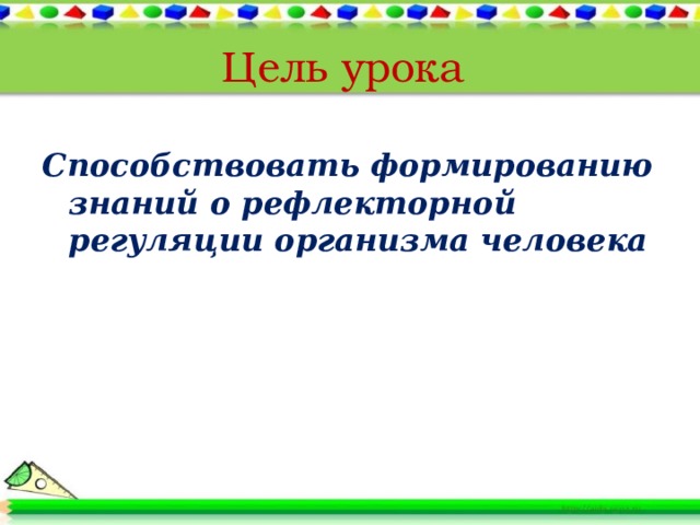 Цель урока Способствовать формированию знаний о рефлекторной регуляции организма человека 