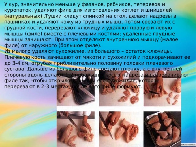 У кур, значительно меньше у фазанов, рябчиков, тетеревов и куропаток, удаляют филе для изготовления котлет и шницелей (натуральных) .Тушки кладут спинкой на стол, делают надрезы в пашинках и удаляют кожу из грудных мышц, потом срезают их с грудной кости, перерезают ключицу и удаляют правую и левую мышцы (филе) вместе с плечевыми костями; удаленные грудные мышцы зачищают. При этом отделяют внутреннюю мышцу (малое филе) от наружного (большое филе). Из малого удаляют сухожилие, из большого – остаток ключицы. Плечевую кость зачищают от мякоти и сухожилий и подкорачивают ее до 3-4 см, отрубая приблизительно половину головки плечевого сустава. Дальше из большого филе срезают пленку, а с внутренней стороны вдоль делают 1-2 небольших косых надреза и разворачивают филе так, чтобы открылось внутри его сухожилие, которое перерезают в 2-3 местах, после чего филе формуют. 