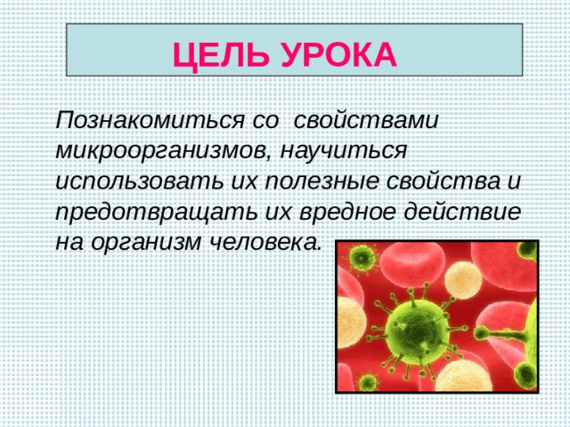 ЦЕЛЬ УРОКА  Познакомиться со свойствами микроорганизмов, научиться использовать их полезные свойства и предотвращать их вредное действие на организм человека. 