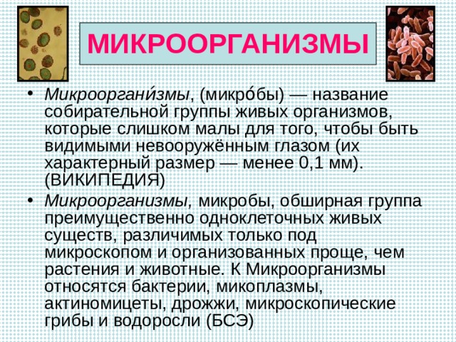 МИКРООРГАНИЗМЫ Микрооргани́змы , (микро́бы) — название собирательной группы живых организмов, которые слишком малы для того, чтобы быть видимыми невооружённым глазом (их характерный размер — менее 0,1 мм). (ВИКИПЕДИЯ) Микроорганизмы, микробы, обширная группа преимущественно одноклеточных живых существ, различимых только под микроскопом и организованных проще, чем растения и животные. К Микроорганизмы относятся бактерии, микоплазмы, актиномицеты, дрожжи, микроскопические грибы и водоросли (БСЭ) 
