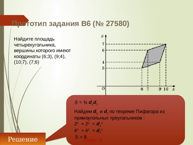 Прототип задания B6 (№ 27580)   Найдите площадь четырехугольника, вершины которого имеют координаты (6;3), (9;4), (10;7), (7;6) S = ½ d 1 d 2 Найдем d 1 и d 2 по теореме Пифагора из прямоугольных треугольников : 2 2 + 2 2 = d 1 2 4 2 + 4 2 = d 2 2  S = 8 Решение Ответ: 8 