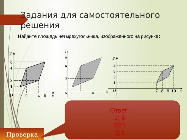 Задания для самостоятельного решения Найдите площадь четырехугольника, изображенного на рисунке : Ответ: 1) 6 2)21 3)3 Проверка 