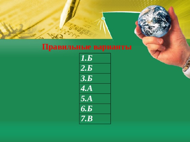 Правильные варианты 1.Б 2.Б 3.Б 4.А 5.А 6.Б 7.В