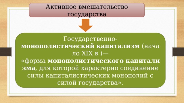 Активное вмешательство государства Государственно- монополистический   капитализм  (начало XIX в )— «форма  монополистического   капитализма , для которой характерно соединение силы капиталистических монополий с силой государства». 