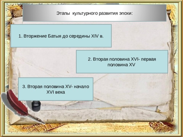 Этапы культурного развития эпохи: 1. Вторжение Батыя до середины XIV в. 2. Вторая половина XVI- первая половина XV 3. Вторая половина XV- начало XVI века 