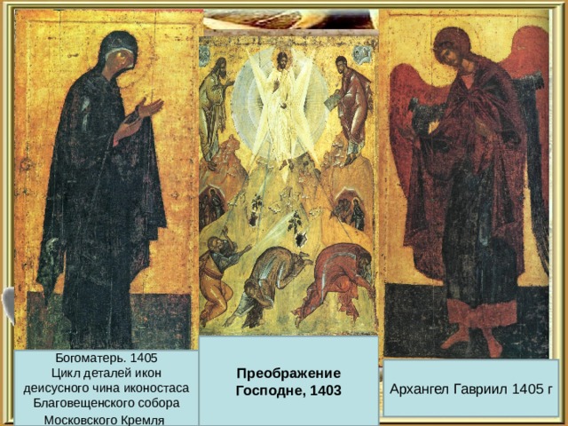 Преображение Господне, 1403 Богоматерь. 1405  Цикл деталей икон деисусного чина иконостаса  Благовещенского собора Московского Кремля   Архангел Гавриил 1405 г 