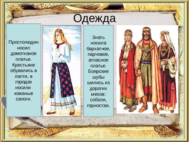 Одежда Простолюдин носил домотканое платье. Крестьяне обувались в лапти, в городах носили кожаные сапоги. Знать носила бархатное, парчовое, атласное платье. Боярские шубы шились из дорогих мехов: соболя, горностая. 