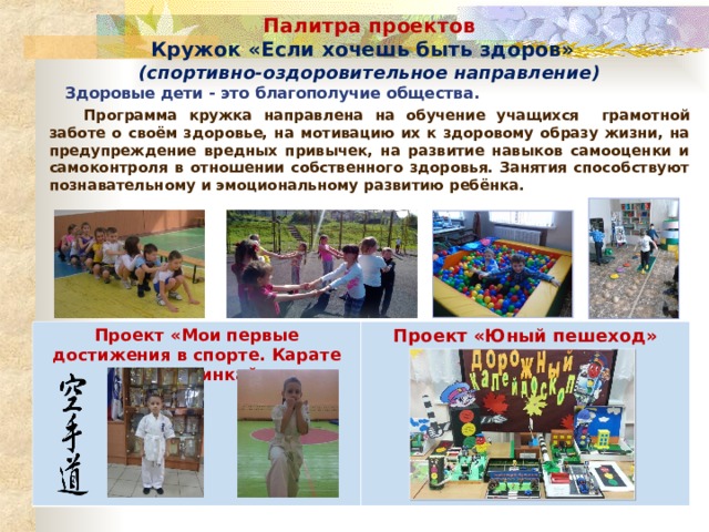 Палитра проектов Кружок «Если хочешь быть здоров»  (спортивно-оздоровительное направление )  Здоровые дети - это благополучие общества.  Программа кружка направлена на обучение учащихся грамотной заботе о своём здоровье, на мотивацию их к здоровому образу жизни, на предупреждение вредных привычек, на развитие навыков самооценки и самоконтроля в отношении собственного здоровья. Занятия способствуют познавательному и эмоциональному развитию ребёнка. Проект «Мои первые достижения в спорте. Карате Киокушинкай» Проект «Юный пешеход»  