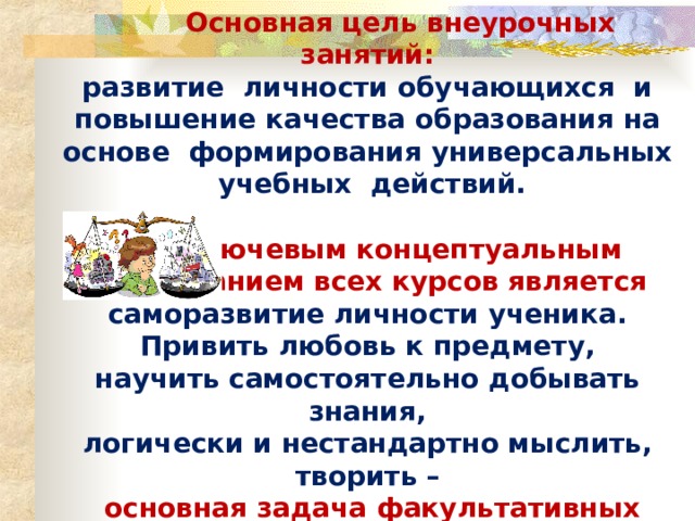  Основная цель внеурочных занятий: развитие личности обучающихся и повышение качества образования на основе формирования универсальных учебных действий.   Ключевым концептуальным содержанием всех курсов является саморазвитие личности ученика. Привить любовь к предмету, научить самостоятельно добывать знания, логически и нестандартно мыслить, творить –  основная задача факультативных занятий. 