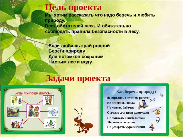 Цель проекта Мы хотим рассказать что надо беречь и любить природу. Всех обитателей леса. И обязательно соблюдать правила безопасности в лесу. Если любишь край родной  Береги природу  Для потомков сохраним  Чистым лес и воду. Задачи проекта 