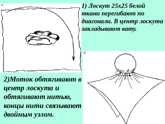 1) Лоскут 25х25 белой ткани перегибают по диагонали. В центр лоскута закладывают вату. 2)Моток обтягивают в центр лоскута и обтягивают нитью, концы нити связывают двойным узлом.