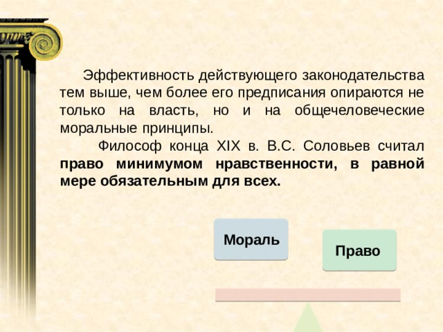   Эффективность действующего законодательства тем выше, чем более его предписания опираются не только на власть, но и на общечеловеческие моральные принципы.  Философ конца XIX в. В.С. Соловьев считал право минимумом нравственности, в равной мере обязательным для всех. Мораль Право 