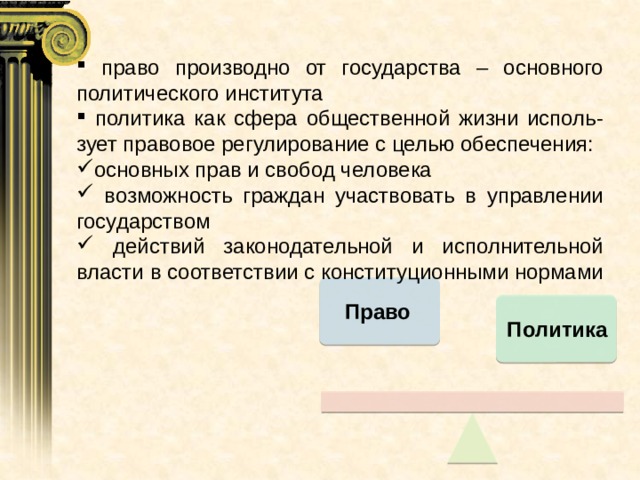  право производно от государства – основного политического института  политика как сфера общественной жизни исполь-зует правовое регулирование с целью обеспечения: основных прав и свобод человека  возможность граждан участвовать в управлении государством  действий законодательной и исполнительной власти в соответствии с конституционными нормами Право Политика 