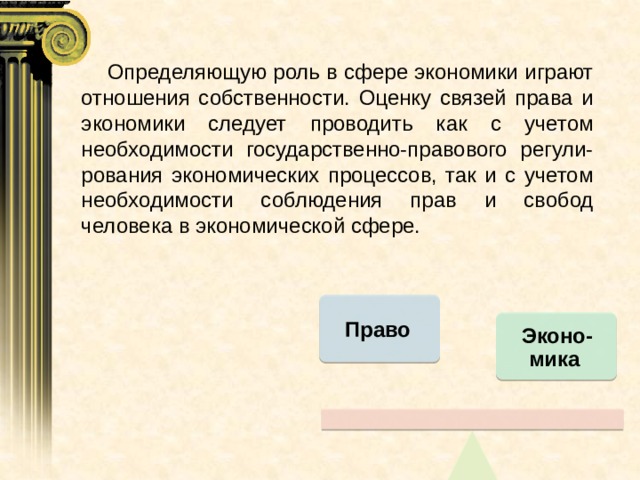  Определяющую роль в сфере экономики играют отношения собственности. Оценку связей права и экономики следует проводить как с учетом необходимости государственно-правового регули-рования экономических процессов, так и с учетом необходимости соблюдения прав и свобод человека в экономической сфере. Право Эконо-мика 
