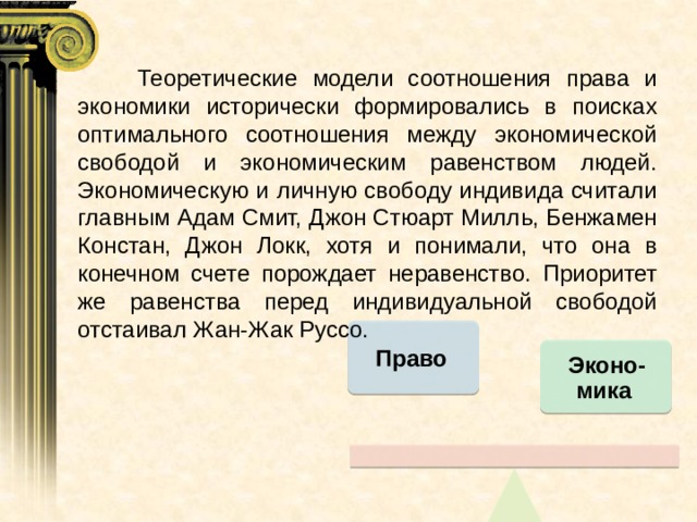  Теоретические модели соотношения права и экономики исторически формировались в поисках оптимального соотношения между экономической свободой и экономическим равенством людей. Экономическую и личную свободу индивида считали главным Адам Смит, Джон Стюарт Милль, Бенжамен Констан, Джон Локк, хотя и понимали, что она в конечном счете порождает неравенство. Приоритет же равенства перед индивидуальной свободой отстаивал Жан-Жак Руссо. Право Эконо-мика 