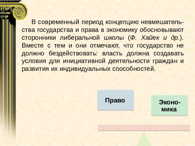  В современный период концепцию невмешатель-ства государства и права в экономику обосновывают сторонники либеральной школы ( Ф. Хайек и др. ). Вместе с тем и они отмечают, что государство не должно бездействовать: власть должна создавать условия для инициативной деятельности граждан и развития их индивидуальных способностей. Право Эконо-мика 