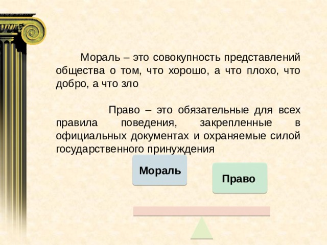  Мораль – это совокупность представлений общества о том, что хорошо, а что плохо, что добро, а что зло  Право – это обязательные для всех правила поведения, закрепленные в официальных документах и охраняемые силой государственного принуждения Мораль Право 