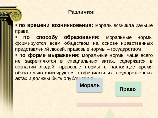 Различия:  по времени возникновения: мораль возникла раньше права  по способу образования: моральные нормы формируются всем обществом на основе нравственных представлений людей, правовые нормы – государством  по форме выражения: моральные нормы чаще всего не закрепляются в специальных актах, содержатся в сознании людей, правовые нормы в настоящее время обязательно фиксируются в официальных государственных актах и должны быть опубликованы Мораль Право 