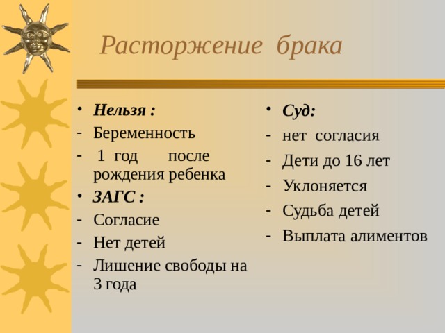  Расторжение брака Нельзя : Суд: Беременность  1 год после рождения ребенка нет согласия Дети до 16 лет Уклоняется Судьба детей Выплата алиментов ЗАГС : Согласие Нет детей Лишение свободы на 3 года 