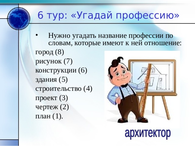 6 тур: «Угадай профессию» Нужно угадать название профессии по словам, которые имеют к ней отношение: город (8) рисунок (7) конструкции (6) здания (5) строительство (4) проект (3) чертеж (2) план (1). 