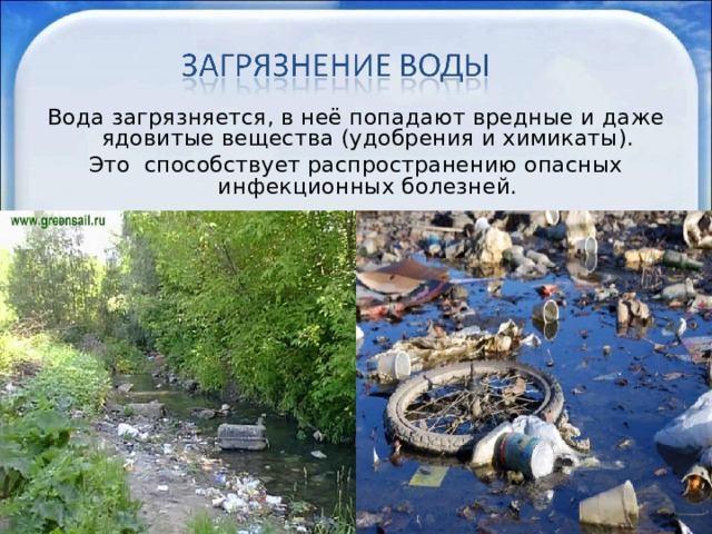 Вода загрязняется, в неё попадают вредные и даже ядовитые вещества (удобрения и химикаты). Это способствует распространению опасных инфекционных болезней. 