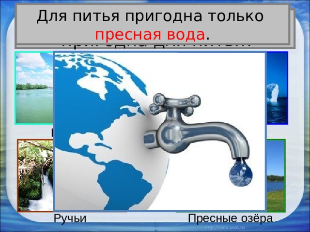 Для питья пригодна только пресная вода . Вся ли вода на Земле  пригодна для питья? Ледники Реки Ручьи Пресные озёра 