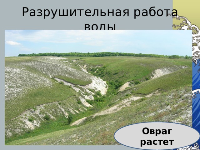 Разрушительная работа воды Овраг растет 