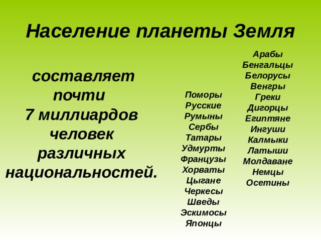 Население планеты Земля Арабы  Бенгальцы  Белорусы  Венгры  Греки  Дигорцы  Египтяне  Ингуши  Калмыки  Латыши  Молдаване  Немцы  Осетины  составляет почти  7 миллиардов человек различных национальностей. Поморы  Русские  Румыны  Сербы  Татары  Удмурты  Французы  Хорваты  Цыгане  Черкесы  Шведы  Эскимосы  Японцы 