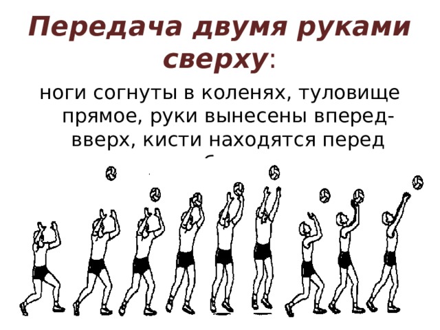 Передача двумя руками сверху : ноги согнуты в коленях, туловище прямое, руки вынесены вперед-вверх, кисти находятся перед лицом и образуют ковш. 