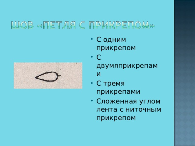С одним прикрепом С двумяприкрепами С тремя прикрепами Сложенная углом лента с ниточным прикрепом 