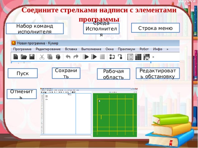 Соедините стрелками надписи с элементами программы Строка меню Среда Исполнителя Набор команд исполнителя Строка заголовка Сохранить Редактировать обстановку Рабочая область Пуск Отменить 