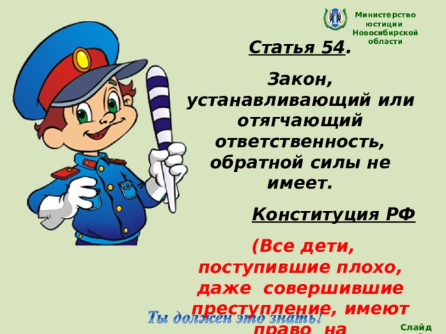 Министерство юстиции Новосибирской области Статья 54 . Закон, устанавливающий или отягчающий ответственность, обратной силы не имеет. Конституция РФ  (Все дети, поступившие плохо, даже совершившие преступление, имеют право на справедливое отношение к ним со стороны общества и государства)  Слайд 28 