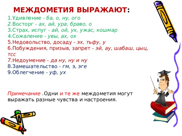 междометия выражают : 1.Удивление - ба, о, ну, ого  2. Восторг - ах, ай, ура, браво, о  3.Страх, испуг - ай, ой, ух, ужас, кошмар  4.Сожаление - увы, ах, ох  5.Недовольство, досаду - эх, тьфу, у  6.Побуждения, призыв, запрет - эй, ау, шабаш, цыц, тсс  7. Недоумение - да ну, ну и ну  8.Замешательство - гм, э, эге  9.Облегчение - уф, ух   Примечание . Одни и те же междометия могут выражать разные чувства и настроения. 
