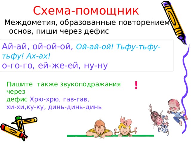 Схема-помощник  Междометия, образованные повторением основ, пиши через дефис  Ай-ай, ой-ой-ой,  Ой-ай-ой! Тьфу-тьфу-тьфу! Ах-ах! о-го-го, ей-же-ей, ну-ну ! Пишите также звукоподражания через дефис Хрю-хрю, гав-гав, хи-хи,ку-ку, динь-динь-динь 