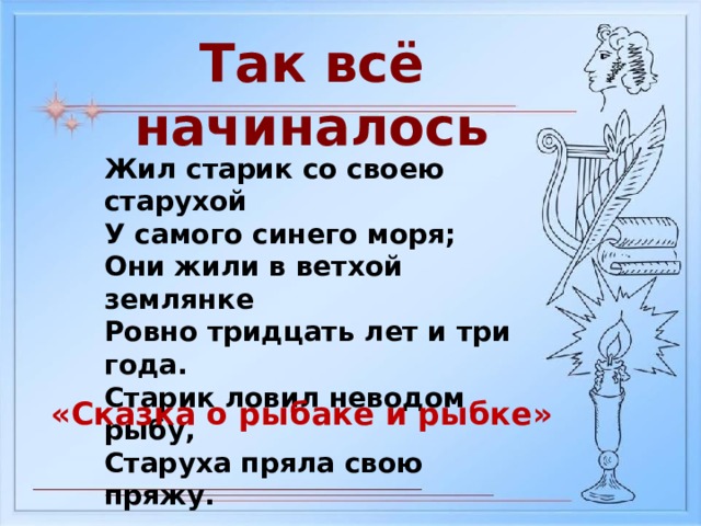 Так всё начиналось Жил старик со своею старухой У самого синего моря; Они жили в ветхой землянке Ровно тридцать лет и три года. Старик ловил неводом рыбу, Старуха пряла свою пряжу. «Сказка о рыбаке и рыбке» 