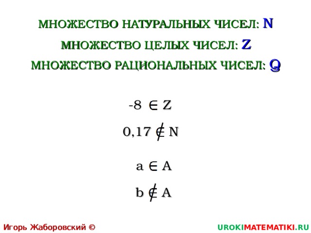 МНОЖЕСТВО НАТУРАЛЬНЫХ ЧИСЕЛ:  N МНОЖЕСТВО ЦЕЛЫХ ЧИСЕЛ:  Z МНОЖЕСТВО РАЦИОНАЛЬНЫХ ЧИСЕЛ:  Q -8 Z 0,17 N a A b A Игорь Жаборовский © 2011 UROKI MATEMATIKI .RU 