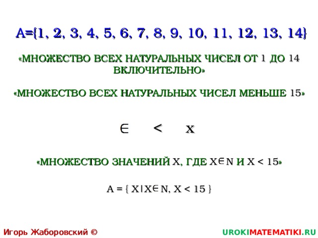  A={1, 2, 3, 4, 5, 6, 7, 8, 9, 10, 11, 12, 13, 14} «МНОЖЕСТВО ВСЕХ НАТУРАЛЬНЫХ ЧИСЕЛ ОТ 1 ДО 14 ВКЛЮЧИТЕЛЬНО» «МНОЖЕСТВО ВСЕХ НАТУРАЛЬНЫХ ЧИСЕЛ МЕНЬШЕ 15 » x «МНОЖЕСТВО ЗНАЧЕНИЙ X , ГДЕ X  N И X  A = { X|X  N,  X  Игорь Жаборовский © 2011 UROKI MATEMATIKI .RU 