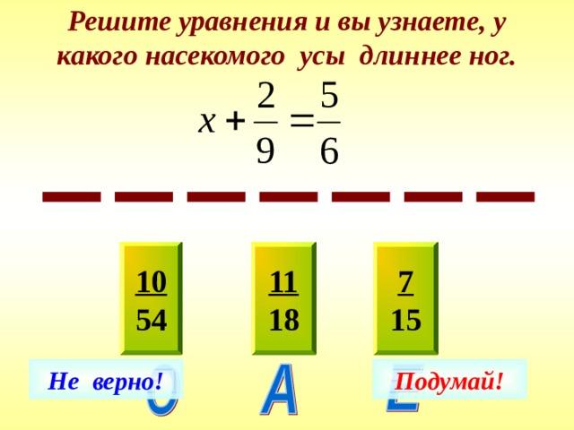 Решите уравнения и вы узнаете, у какого насекомого усы длиннее ног. 10 54 7 15 11 18 Не верно! Подумай! 
