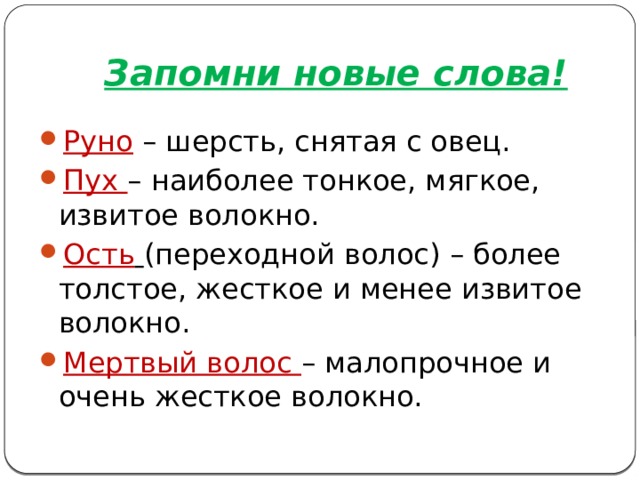 Запомни новые слова! Руно – шерсть, снятая с овец. Пух – наиболее тонкое, мягкое, извитое волокно. Ость  (переходной волос) – более толстое, жесткое и менее извитое волокно. Мертвый волос – малопрочное и очень жесткое волокно. 
